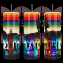 Load and play video in Gallery viewer, Doctor Who Doctors along the bottom in sequential with the Thirteenth Doctor standing above on a hill side looking toward the Tardis with her signature muted rainbow as the sky on a  Tumbler
