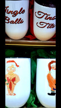 Load and play video in Gallery viewer, Naughty Ms &amp; Mr Santa Claus wine cups, Ms Claus nude on front with &quot;Tinsel Tits&quot; on back, Santa nude on front with &quot;Jingle Balls&quot; on back. TabbyCraftsLLC
