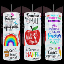 Load and play video in Gallery viewer, Handcrafted "Teach-Love-Inspire" 20oz Stainless Steel Tumbler - TabbyCrafts.com