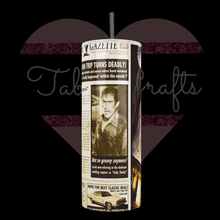 Load image into Gallery viewer, Handcrafted "Ash In Newspaper" Evil Dead Inspired Design 20oz Stainless Steel Tumbler - TabbyCrafts.com