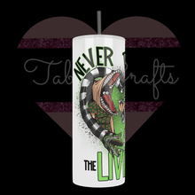 Load image into Gallery viewer, Handcrafted Beetlejuice Inspired "Never Trust The Living" 20oz Stainless Steel Tumbler - TabbyCrafts LLC