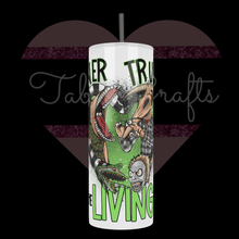 Load image into Gallery viewer, Handcrafted Beetlejuice Inspired "Never Trust The Living" 20oz Stainless Steel Tumbler - TabbyCrafts LLC