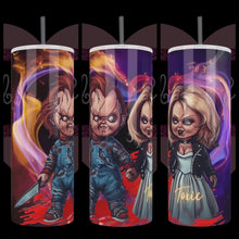 Load image into Gallery viewer, Handcrafted &quot;Chucky &amp; Tiff&quot; On Color Background 20oz Stainless Steel Tumbler - TabbyCrafts.com

