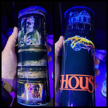 Load image into Gallery viewer, House horror movie from 1986 with Big Ben & Creepy Woman in windows, with zombie hand ringing door bell on a Tumbler
