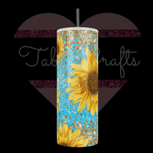Load image into Gallery viewer, Handcrafted "Sunflowers" Blue Background 20oz Stainless Steel Tumbler - TabbyCrafts LLC