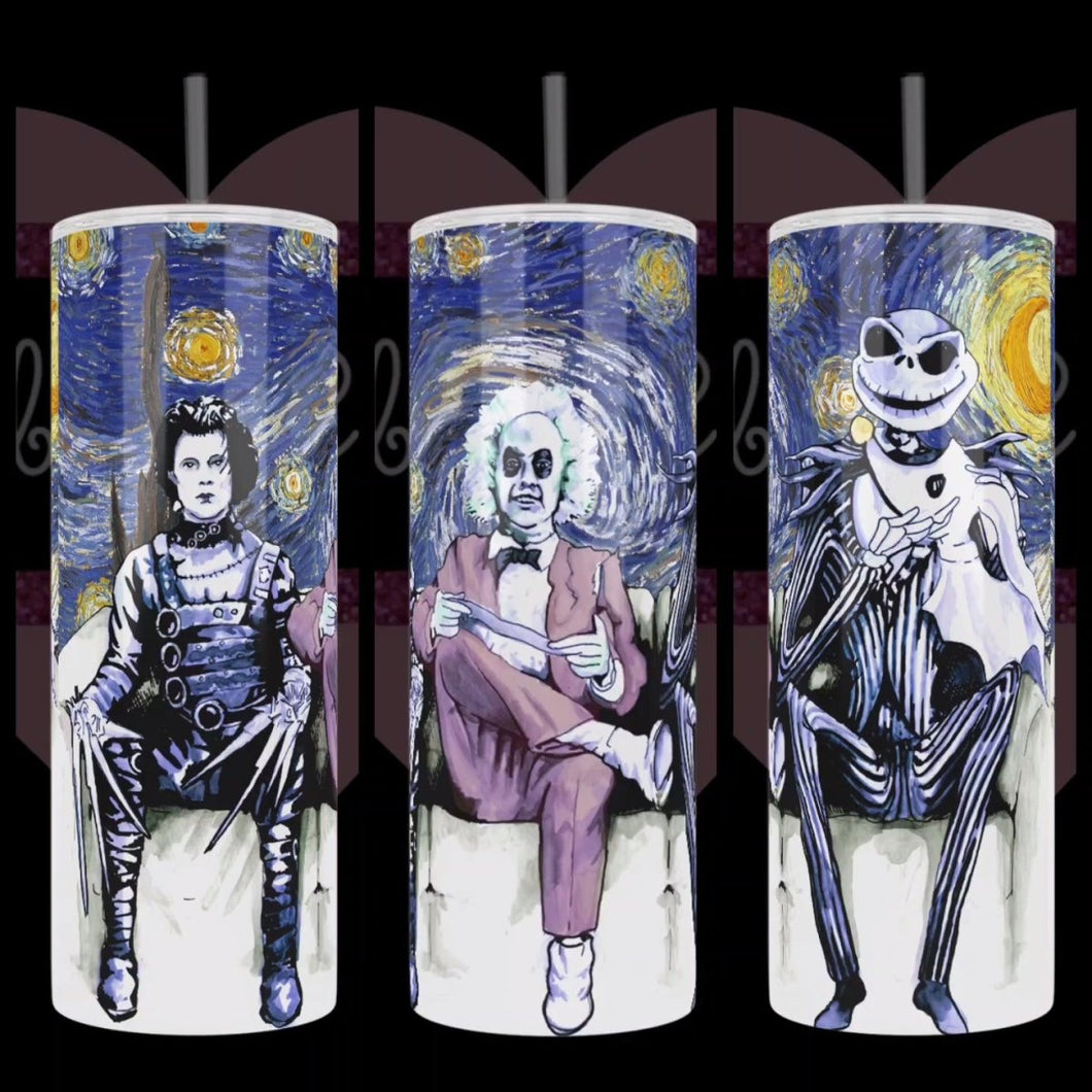 Starry Night With Jack, Edward, Beetlejuice Handcrafted 20oz Stainless Steel Tumbler - TabbyCrafts.com