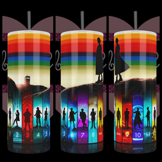 Doctor Who Doctors along the bottom in sequential with the Thirteenth Doctor standing above on a hill side looking toward the Tardis with her signature muted rainbow as the sky on a  Tumbler