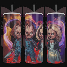 Load and play video in Gallery viewer, Handcrafted &quot;Chucky &amp; Tiff&quot; On Color Background 20oz Stainless Steel Tumbler - TabbyCrafts LLC
