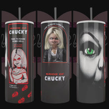 Load and play video in Gallery viewer, Handcrafted &quot;Boxed Tiffany&quot; Bride Of Chucky 20oz Stainless Steel Tumbler - TabbyCrafts LLC
