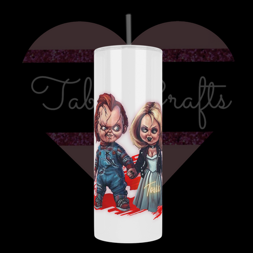 Chucky & Tiff holding hands, chucky holding knife