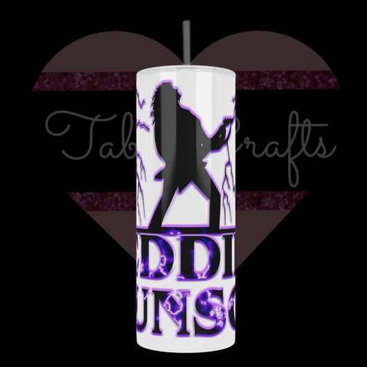 Handcrafted "Eddie Munson" playing guitar silhouette from Stranger Things, with purple lightning bolts TabbyCrafts LLC Custom Design 20oz Stainless Steel Tumbler
