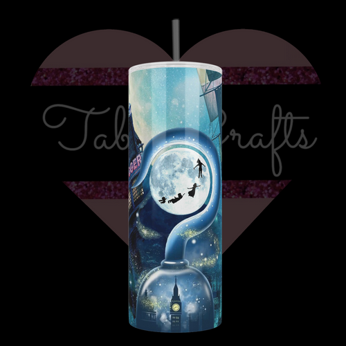 Jolly Roger ship sailing through the sky over London with large moon in background, Captain Hook's hook, with a small moon inside, Peter Pan, Wendy, John, and Michael with teddy flying over the moon, Big Ben is super-imposed on hook. An Exclusive TabbyCrafts LLC Tumbler Design