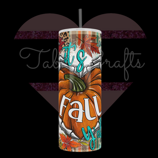 Handcrafted "It's Fall Y'all" with Pumpkin & Skeleton Hands 20oz Stainless Steel Tumbler