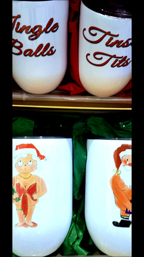 Naughty Ms & Mr Santa Claus wine cups, Ms Claus nude on front with "Tinsel Tits" on back, Santa nude on front with "Jingle Balls" on back. TabbyCraftsLLC