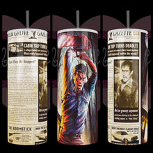 Load and play video in Gallery viewer, Handcrafted &quot;Ash In Newspaper&quot; Evil Dead Inspired Design 20oz Stainless Steel Tumbler - TabbyCrafts.com
