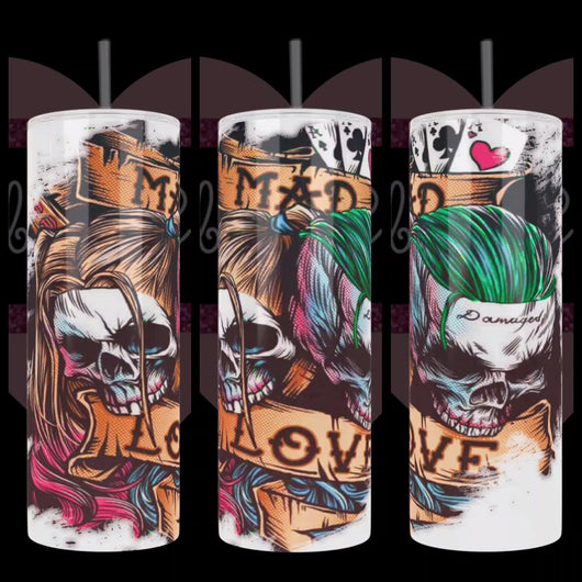 Joker & Harley Quinn as skulls with mad love text.