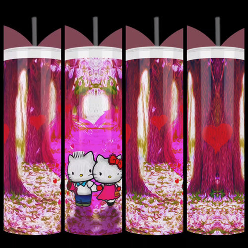 Hello Kitty and boyfriend Dear Daniel walk through cherry blossom trees as an oil painting style