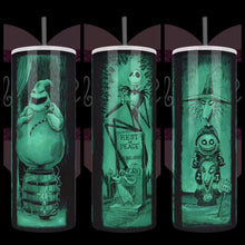 Load and play video in Gallery viewer, Nightmare Before Xmas in Haunted Mansion strech paintings, one with jack skellington and Zero on grave headstone, one with Boogie&#39;s Boys in Quick Sand, and one with Oggie Boogie on barrel of dynamite.
