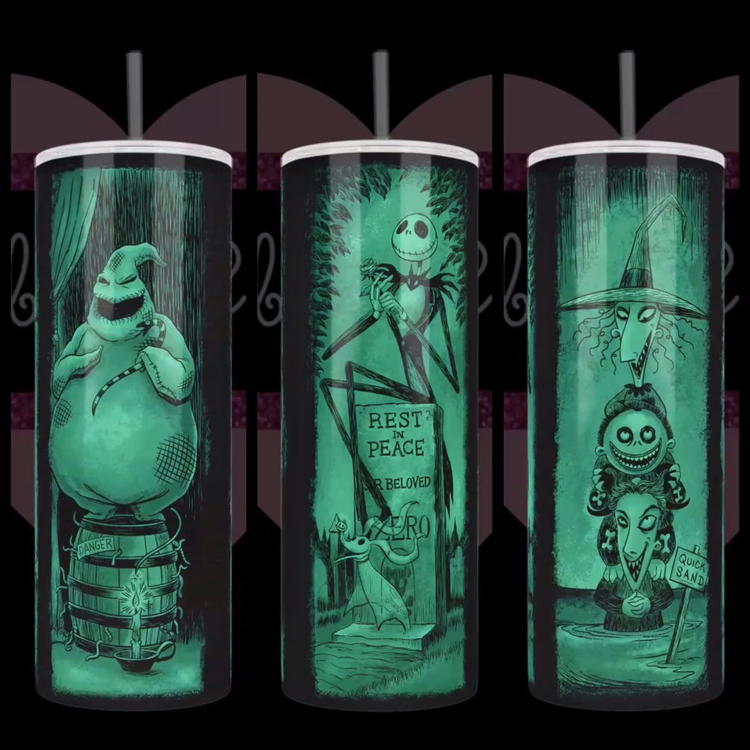 Nightmare Before Xmas in Haunted Mansion strech paintings, one with jack skellington and Zero on grave headstone, one with Boogie's Boys in Quick Sand, and one with Oggie Boogie on barrel of dynamite.