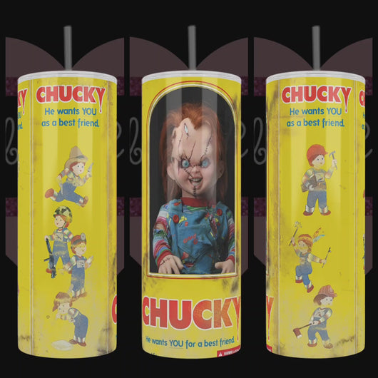Design of Chucky in his factory packaging