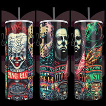Load image into Gallery viewer, Freddy, Jason, Penny, Michael Carnival Handcrafted 20oz Stainless Steel Tumbler - TabbyCrafts.com
