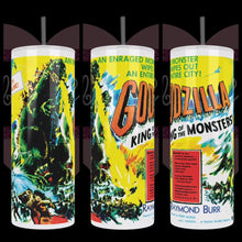 Load and play video in Gallery viewer, Godzilla &quot;King Of Monsters&quot; Movie Poster, original USA release version from 1956 on a 20oz Stainless Steel Tumbler
