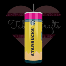 Load image into Gallery viewer, Teacher Fuel, on pencil with Starbucks logo and coffee order type boxes like cups from Starbucks
