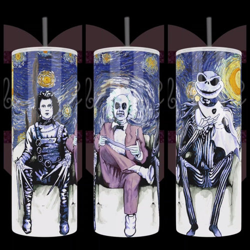 Handcrafted van gogh's Starry Night with jack skellington, edward scissorhands, and Beetleguice
